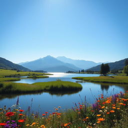 A serene landscape with a tranquil lake surrounded by lush greenery and colorful wildflowers