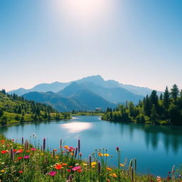 A serene landscape with a tranquil lake surrounded by lush greenery and colorful wildflowers