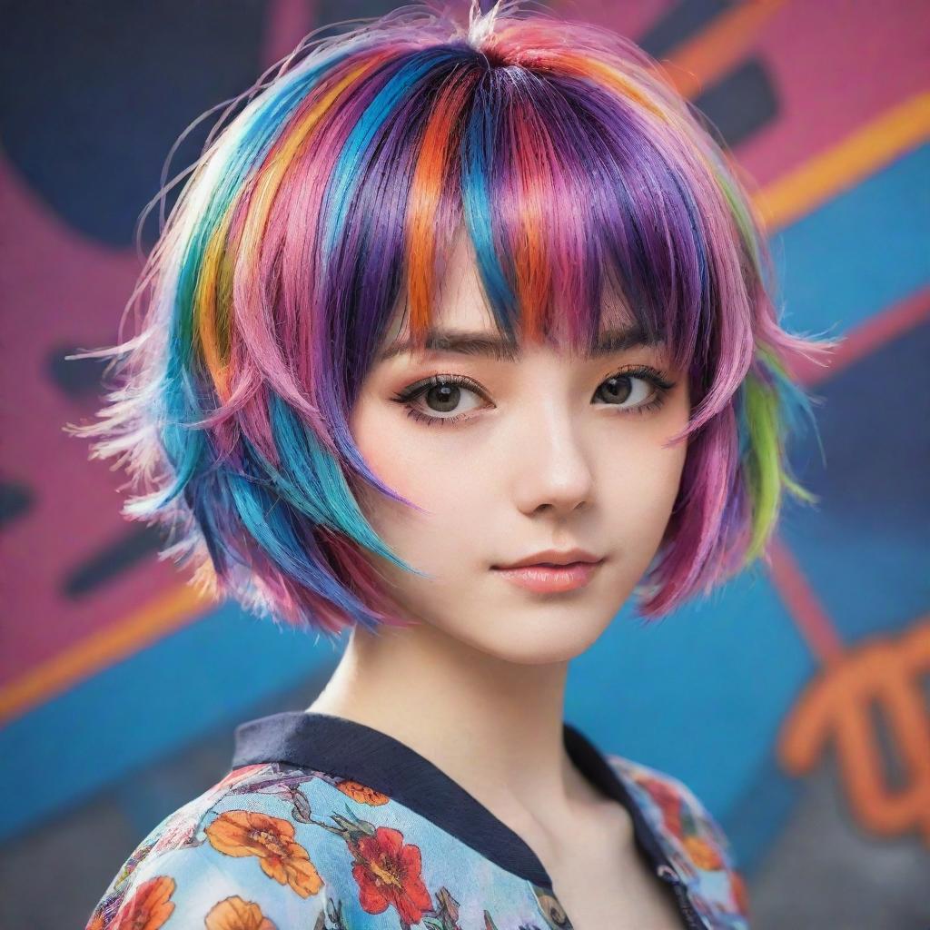 An anime girl with a trendy, short hairstyle, featuring vibrant colors and intricate details.