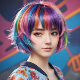 An anime girl with a trendy, short hairstyle, featuring vibrant colors and intricate details.