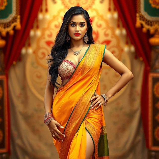 An Indian woman confidently poses in a saree, with the saree draped in a style that shows a modern bra top and reveals her navel