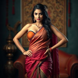 An Indian woman confidently poses in a saree, with the saree draped in a style that shows a modern bra top and reveals her navel