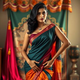 An Indian woman confidently poses in a saree, with the saree draped in a style that shows a modern bra top and reveals her navel