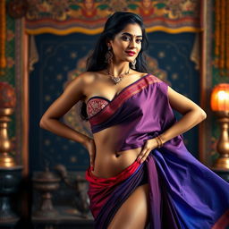 An Indian woman confidently poses in a saree, with the saree draped in a style that shows a modern bra top and reveals her navel