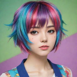 An anime girl with a trendy, short hairstyle, featuring vibrant colors and intricate details.