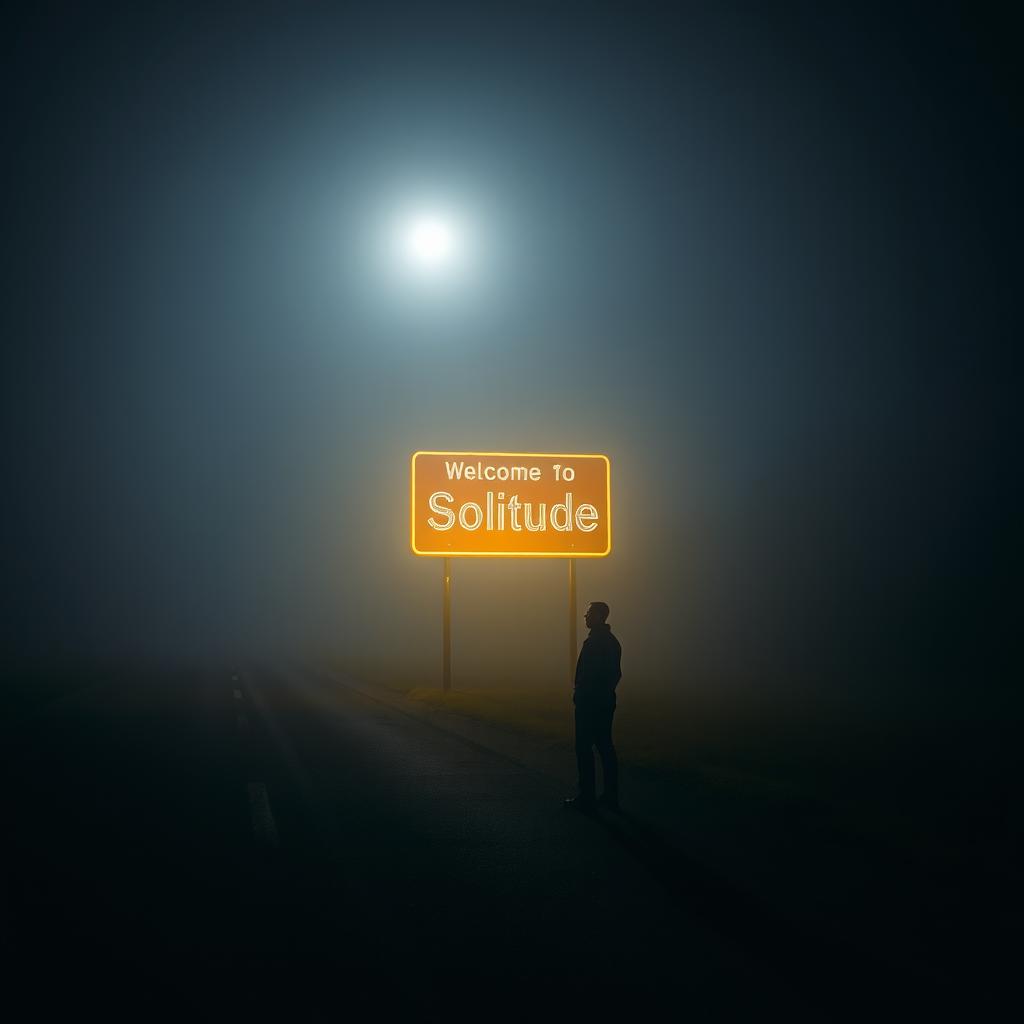 A road at night with no artificial lights, enveloped in a gentle fog, illuminated solely by the moon