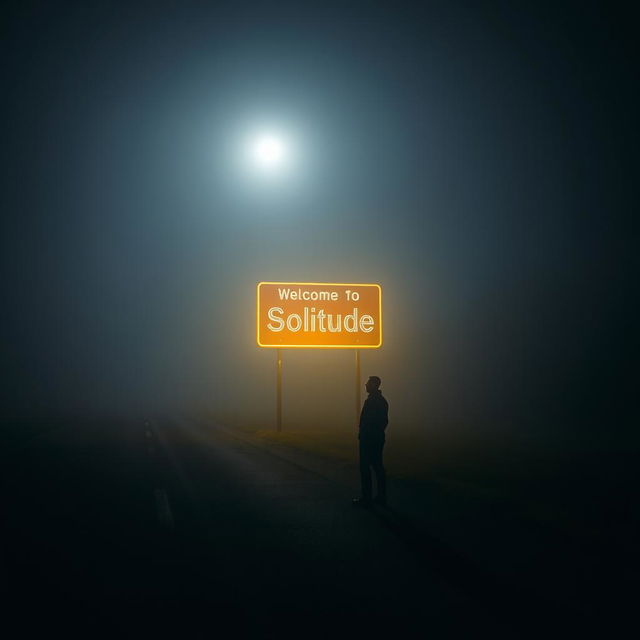 A road at night with no artificial lights, enveloped in a gentle fog, illuminated solely by the moon