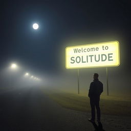 A road at night with no artificial lights, enveloped in a gentle fog, illuminated solely by the moon