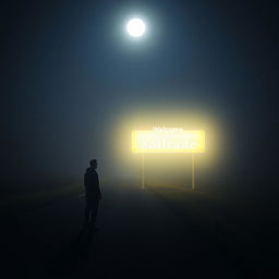 A road at night with no artificial lights, enveloped in a gentle fog, illuminated solely by the moon