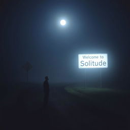 A road at night with no artificial lights, enveloped in a gentle fog, illuminated solely by the moon