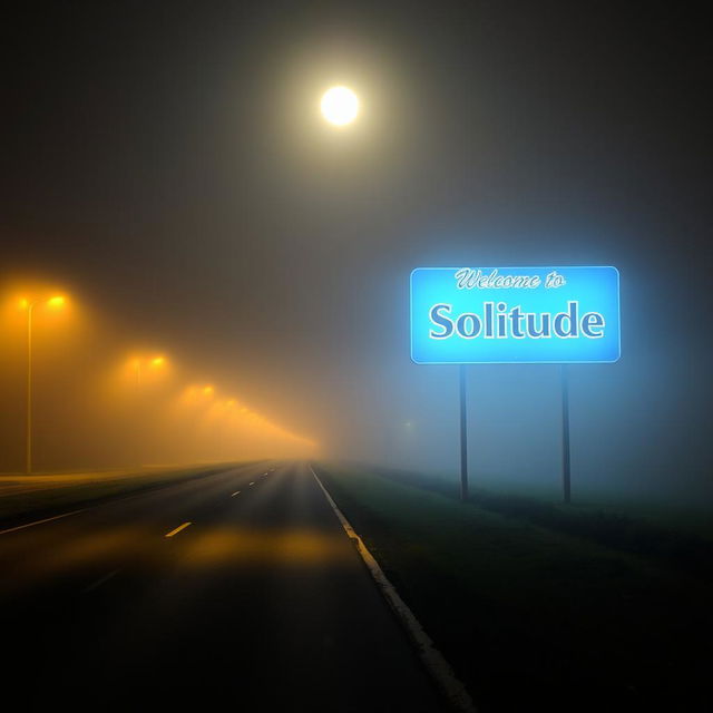 A long road at night with no artificial lights, shrouded in slight fog, illuminated by the soft glow of the moon