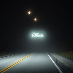 A road at night with no artificial lights, enveloped in a slight fog and illuminated only by the moon