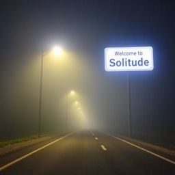 A road at night with no artificial lights, enveloped in a slight fog and illuminated only by the moon