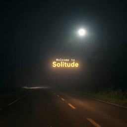 A road at night with no artificial lights, enveloped in a slight fog and illuminated only by the moon