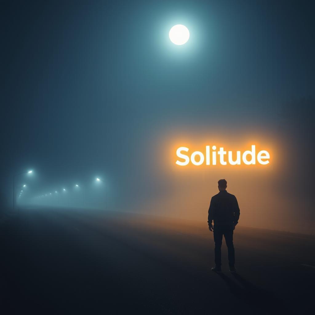 A nighttime road scene without artificial lights, covered in light fog and illuminated by the moon