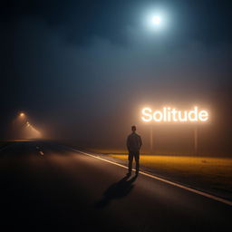 A nighttime road scene without artificial lights, covered in light fog and illuminated by the moon