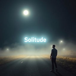 A nighttime road scene without artificial lights, covered in light fog and illuminated by the moon