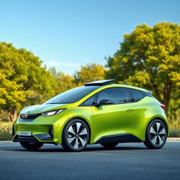 A sleek, modern eco-friendly car, with a streamlined design, solar panels on the roof, and a vibrant green paint job symbolizing sustainability