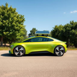 A sleek, modern eco-friendly car, with a streamlined design, solar panels on the roof, and a vibrant green paint job symbolizing sustainability