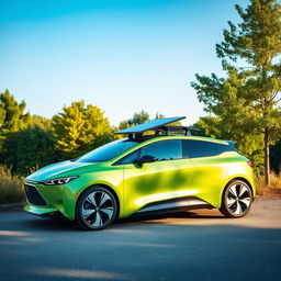 A sleek, modern eco-friendly car, with a streamlined design, solar panels on the roof, and a vibrant green paint job symbolizing sustainability