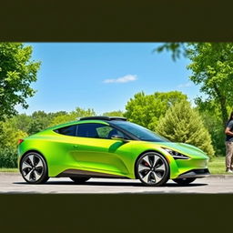 A sleek, modern eco-friendly car, with a streamlined design, solar panels on the roof, and a vibrant green paint job symbolizing sustainability