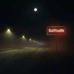 A road at night with no artificial lights, enveloped in slight fog and illuminated by the moon