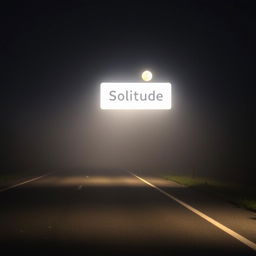 A road at night with no artificial lights, enveloped in slight fog and illuminated by the moon