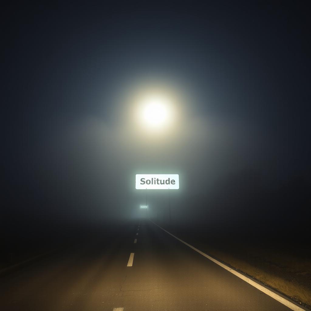 A road at night with no artificial lights, enveloped in slight fog and illuminated by the moon