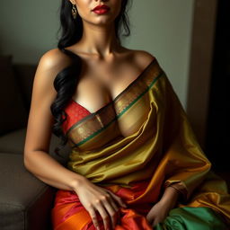 A seductive woman wearing an elegant saree, sitting confidently with her bust accentuated, showcasing a deep, alluring cleavage