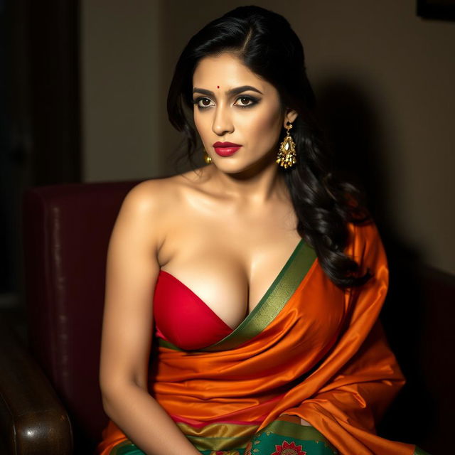 A seductive woman wearing an elegant saree, sitting confidently with her bust accentuated, showcasing a deep, alluring cleavage