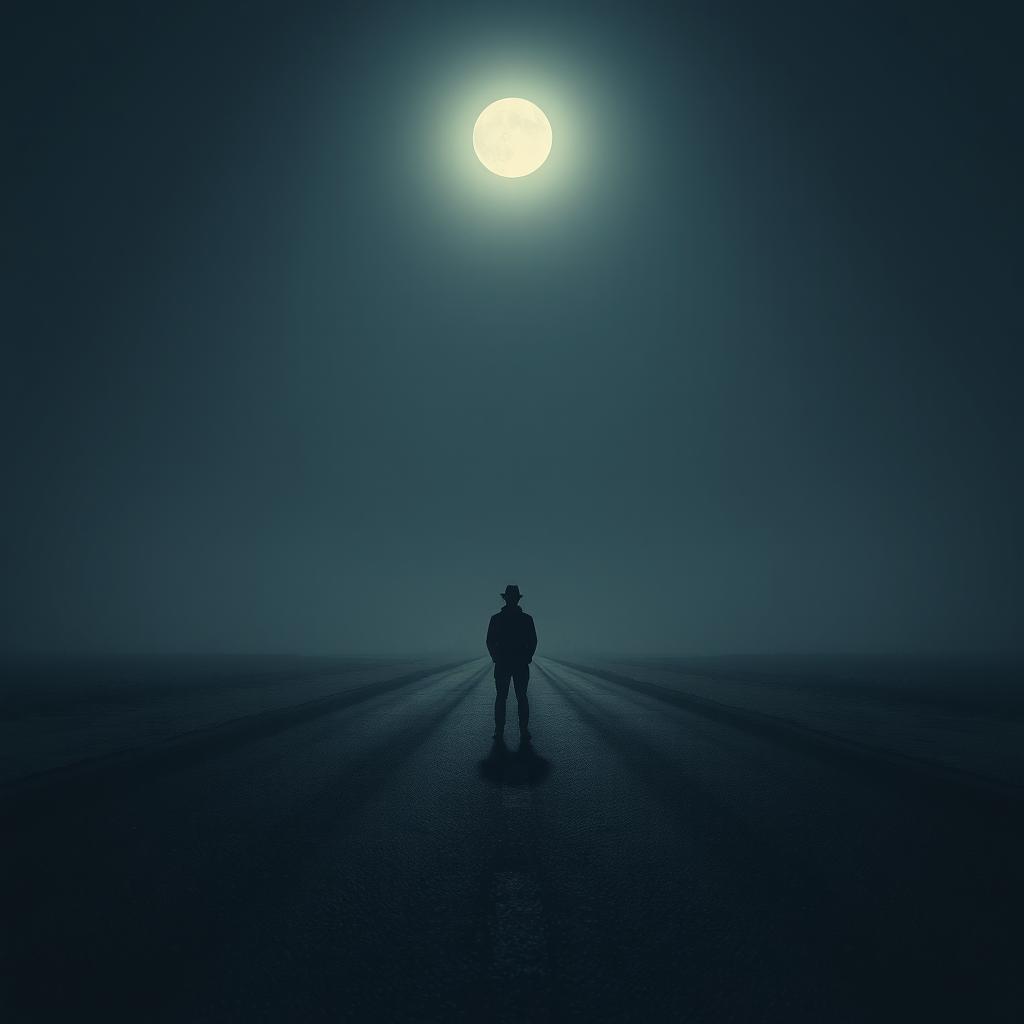 An evocative scene capturing the feeling of loneliness, with a solitary figure standing on a deserted road under the moonlight