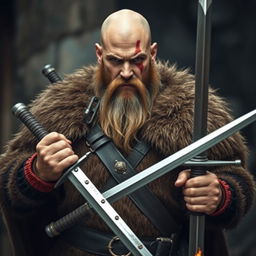 A bald, bearded man with an angry expression and a striking red mark extending from his eye to his chest, dressed in medieval attire made of fur and animal leather