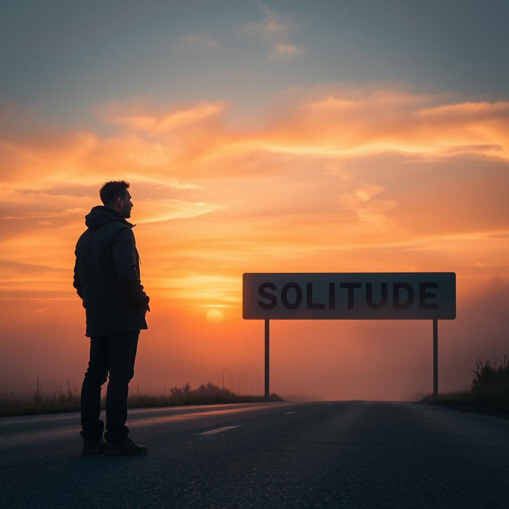 A solitary man stands on a road during a beautiful sunset with a hint of fog