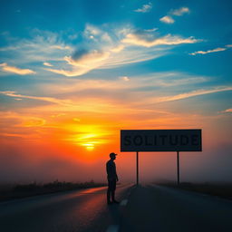 A solitary man stands on a road during a beautiful sunset with a hint of fog