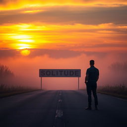 A solitary man stands on a road during a beautiful sunset with a hint of fog