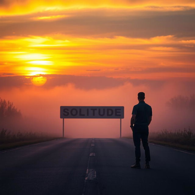 A solitary man stands on a road during a beautiful sunset with a hint of fog