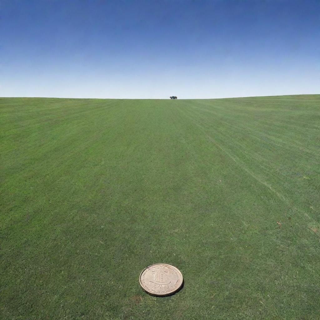 A vast pastoral field under a clear sky, with the impression of a shiny one-dollar coin stamped onto it.