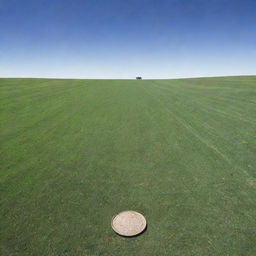 A vast pastoral field under a clear sky, with the impression of a shiny one-dollar coin stamped onto it.