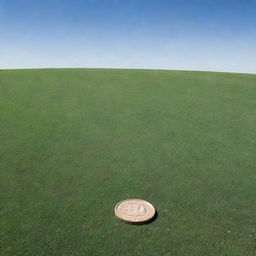 A vast pastoral field under a clear sky, with the impression of a shiny one-dollar coin stamped onto it.