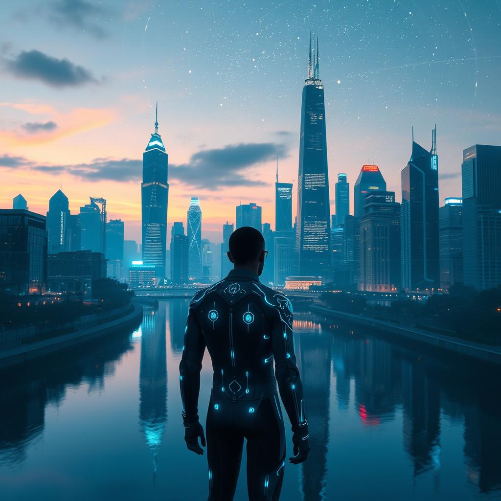 A mesmerizing scene featuring a futuristic cityscape at dusk, with towering skyscrapers adorned with neon lights casting reflections over a serene river