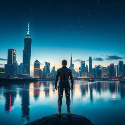 A mesmerizing scene featuring a futuristic cityscape at dusk, with towering skyscrapers adorned with neon lights casting reflections over a serene river