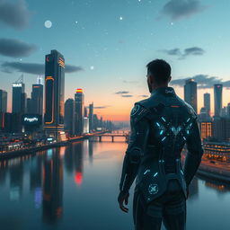 A mesmerizing scene featuring a futuristic cityscape at dusk, with towering skyscrapers adorned with neon lights casting reflections over a serene river