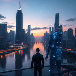 A mesmerizing scene featuring a futuristic cityscape at dusk, with towering skyscrapers adorned with neon lights casting reflections over a serene river