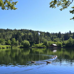 A serene landscape featuring a tranquil, reflective lake surrounded by lush, green forests under a clear blue sky