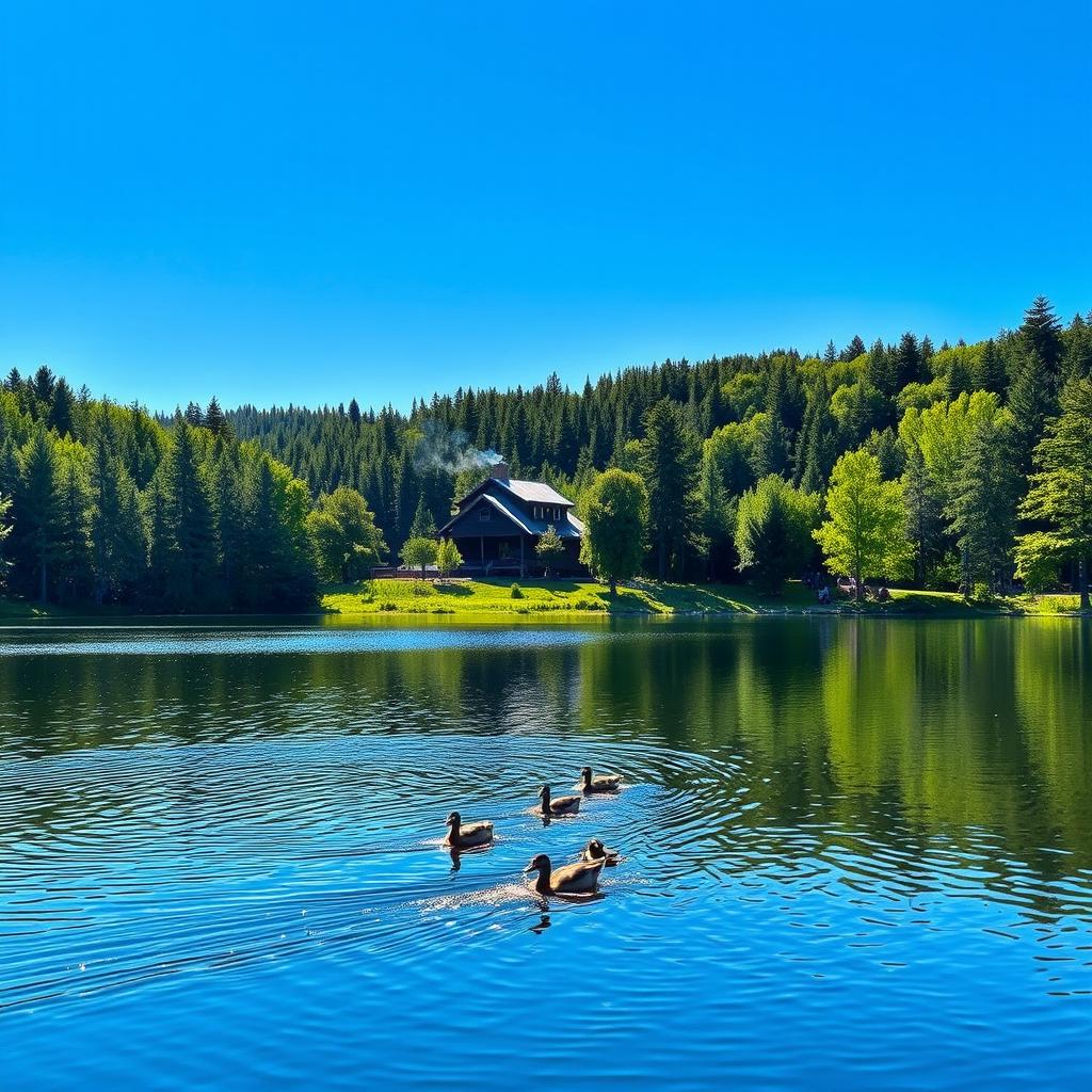 A serene landscape featuring a tranquil, reflective lake surrounded by lush, green forests under a clear blue sky