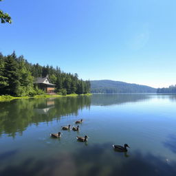 A serene landscape featuring a tranquil, reflective lake surrounded by lush, green forests under a clear blue sky