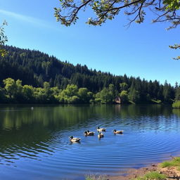 A serene landscape featuring a tranquil, reflective lake surrounded by lush, green forests under a clear blue sky