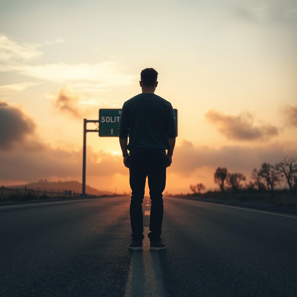 A solitary man standing alone on an empty road during sunset, surrounded by a cloudy sky with a touch of fog