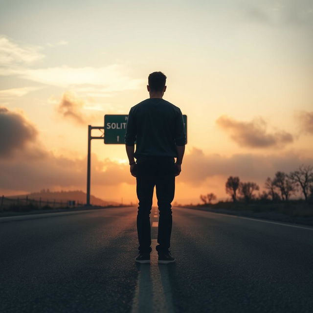 A solitary man standing alone on an empty road during sunset, surrounded by a cloudy sky with a touch of fog