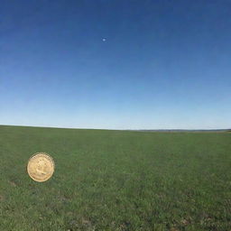 A vast pastoral field under a clear sky, with the impression of a shiny one-dollar coin stamped onto it.